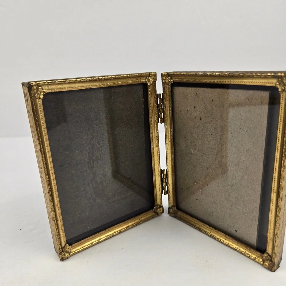 Vintage Gold Metal Folding Double Picture Frame Ornate Embossed Floral Bifold